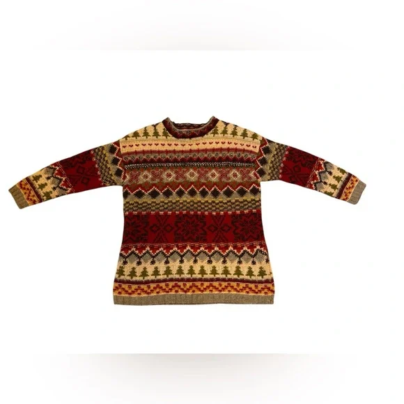 Limited Handknit (L) Unisex Multicolor 100% Wool Christmas Pullover Sweater - Picture 2 of 10